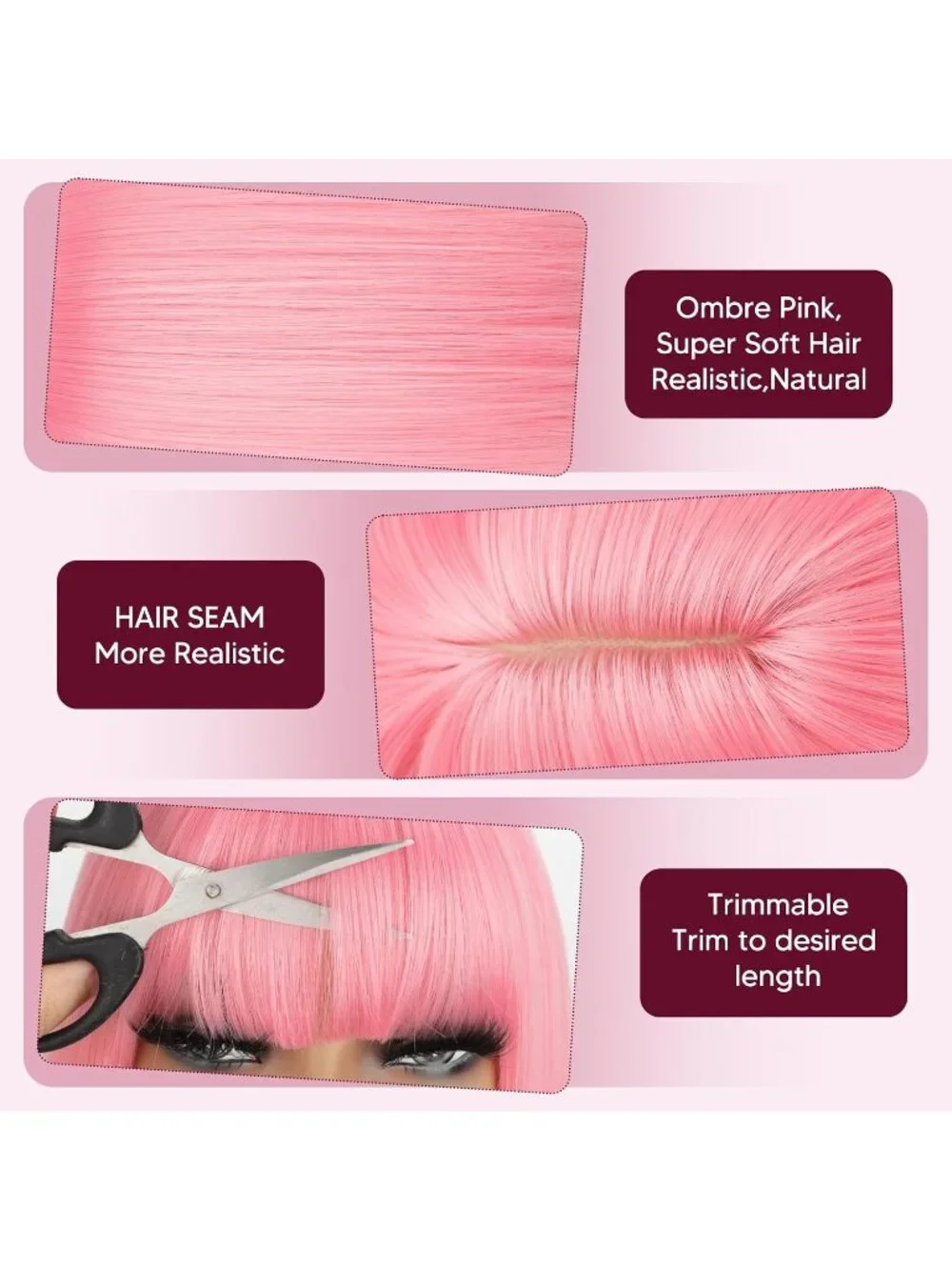 Women's Pink 11 Inch Heat Resistant Synthetic Short Straight Wigs Bangs